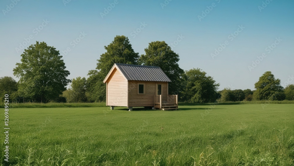 Small house in a field of green grass with wood panelled walls and a large window Small house in a field of green grass with wood panelled walls and a large window