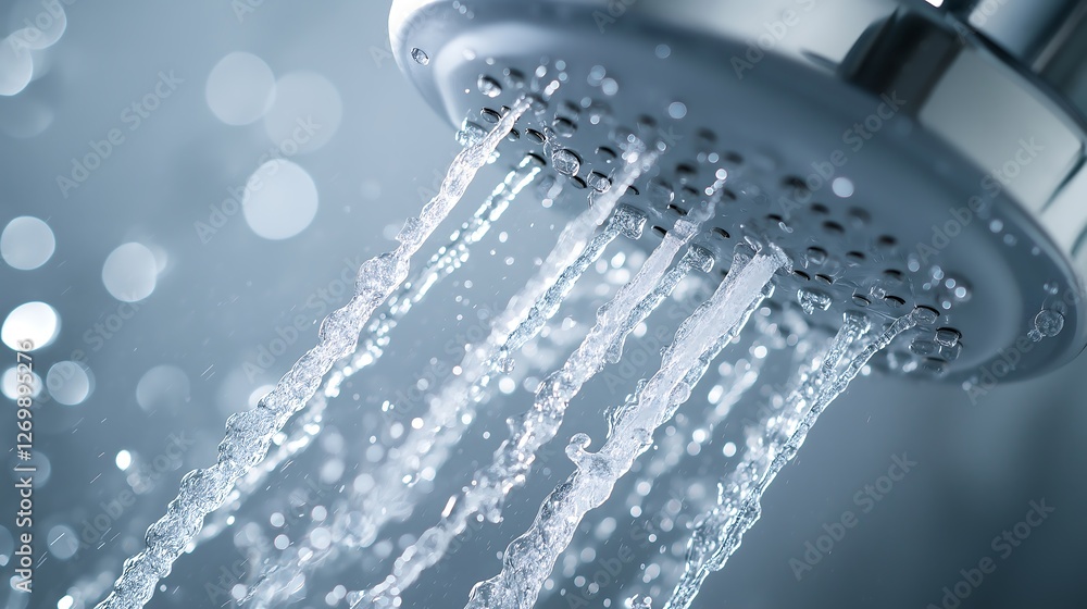 A close-up of a shiny clean showerhead with water flowing beautifully. A close-up of a shiny clean showerhead with water flowing beautifully.