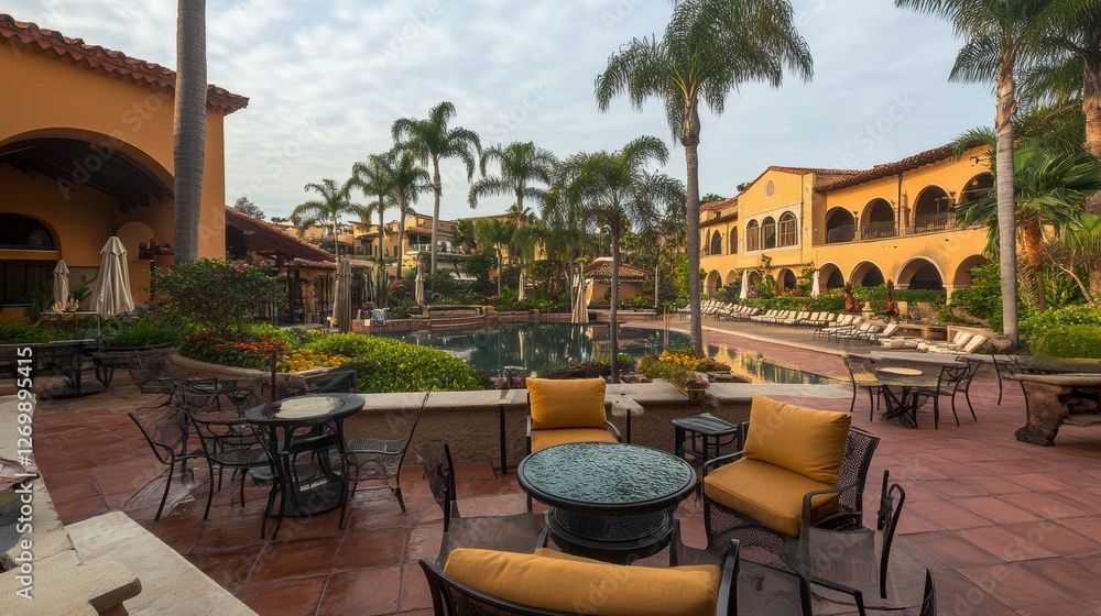 Fototapeta premium Stunning Resort Poolside Patio with Mediterranean Style Architecture