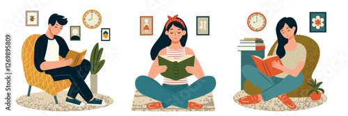 Bookcrossing, people reading books. Literature lovers, hobby and education concept. Student enjoying a novel. Set of flat vector illustrations.