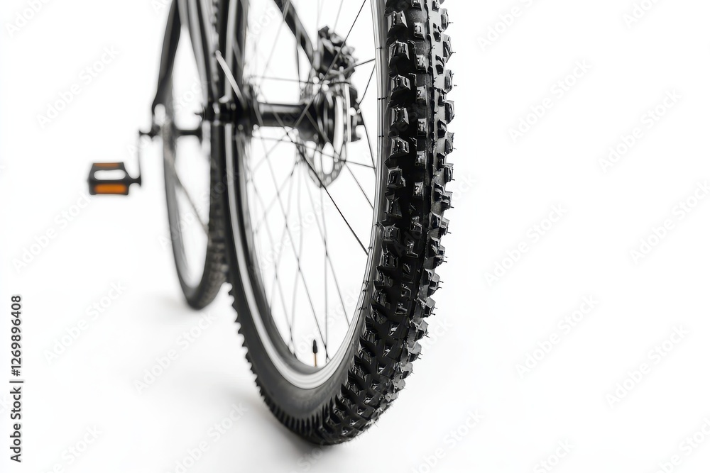 A close-up view of a mountain bike tire showcasing detailed tread patterns against a light backdrop isolated on transparent background A close-up view of a mountain bike tire showcasing detailed tread patterns against a light backdrop isolated on transparent background
