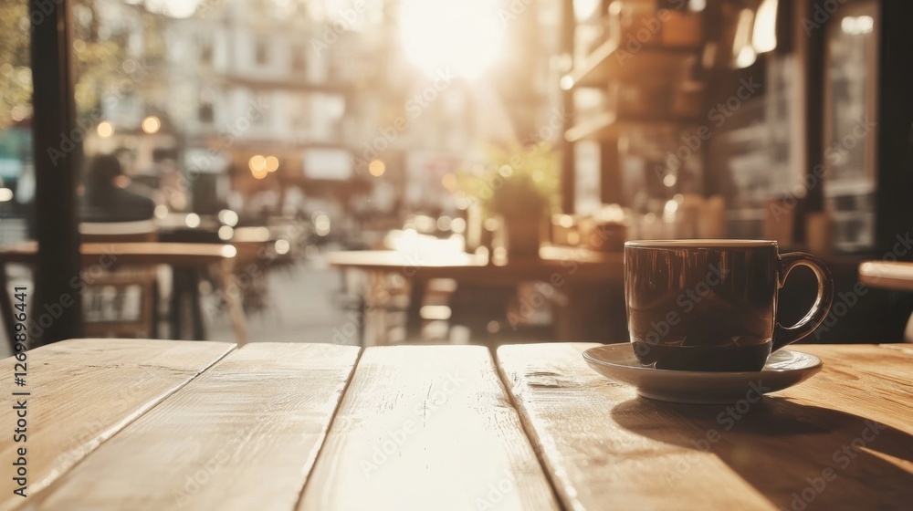 Cafe table with coffee cup, city view at sunset. Possible use Stock photo for cafe, restaurant, coffee shop or travel themes Cafe table with coffee cup, city view at sunset. Possible use Stock photo for cafe, restaurant, coffee shop or travel themes