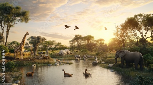 African Wildlife Panorama: Majestic Giraffes, Elephants, and Rhinos in a Serene Savanna