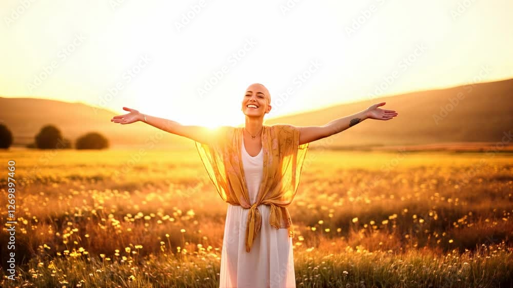 Backlit Portrait of calm happy smiling free breast cancer survivor woman with open arms and closed eyes enjoys a beautiful moment life on the fields at sunset
Backlit Portrait of calm happy smiling free breast cancer survivor woman with open arms and closed eyes enjoys a beautiful moment life on the fields at sunset