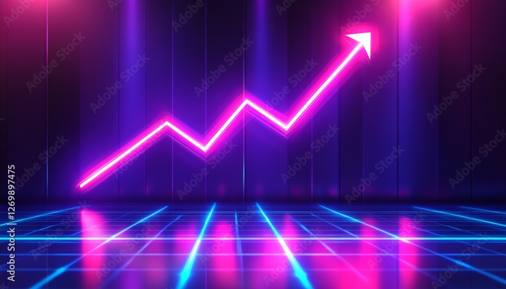 Neon Pink Upward Trending Arrow Graph on Dark Background with Glowing Grid Lines, Growth Concept Neon Pink Upward Trending Arrow Graph on Dark Background with Glowing Grid Lines, Growth Concept