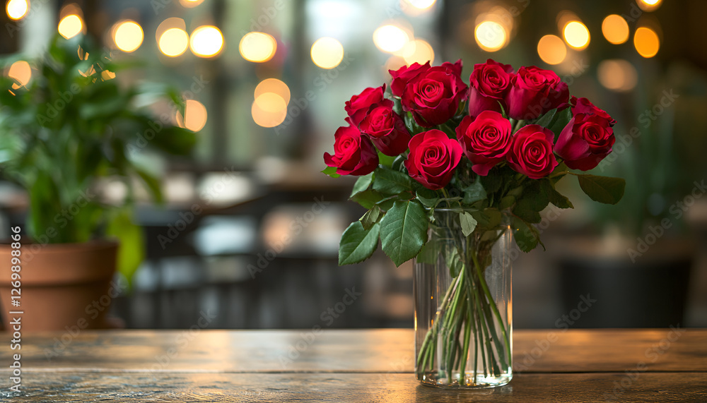 Elegant bouquet of red roses in rustic cafe setting with warm ambient lighting Elegant bouquet of red roses in rustic cafe setting with warm ambient lighting