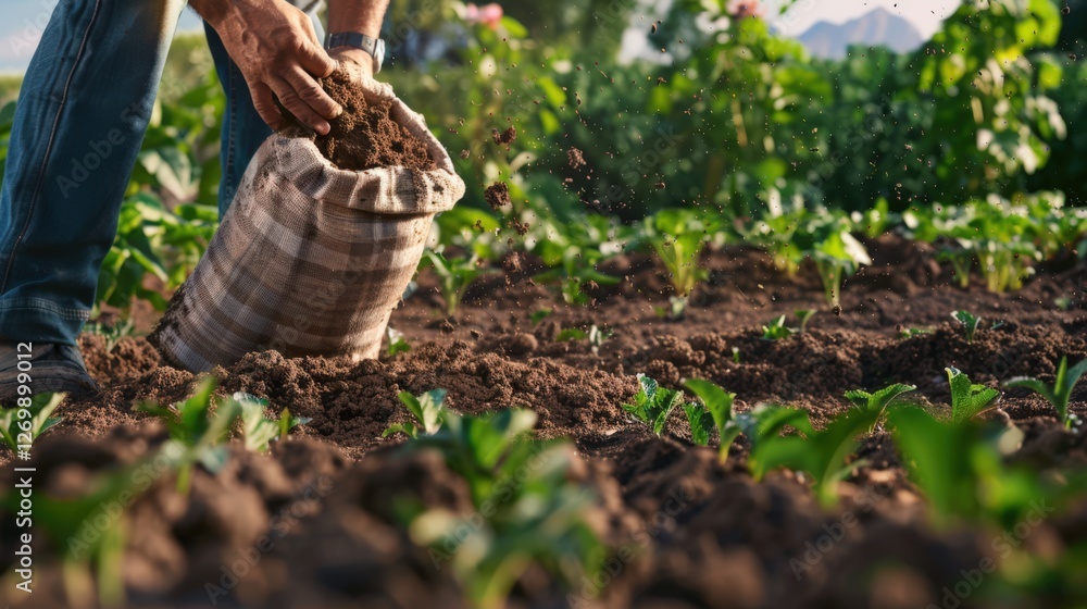 Fototapeta premium Gardener or farmer applying soil amendments
