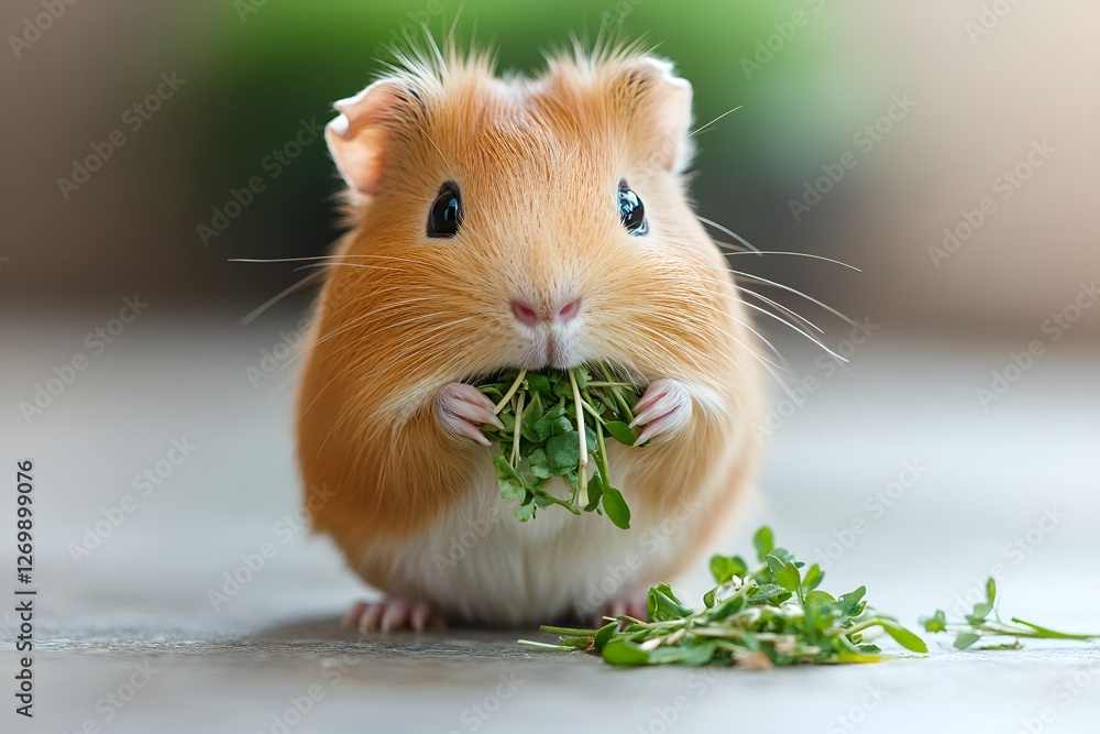A guinea pig happily munching on fresh greens with a playful expression, sitting on a neutral surface
A guinea pig happily munching on fresh greens with a playful expression, sitting on a neutral surface