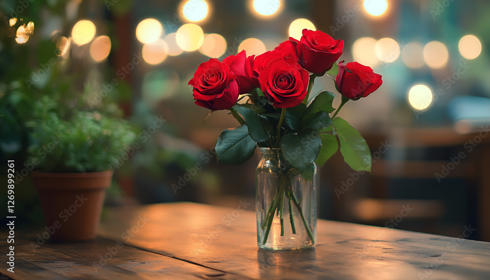 Elegant bouquet of red roses in rustic cafe setting with warm ambient lighting Elegant bouquet of red roses in rustic cafe setting with warm ambient lighting