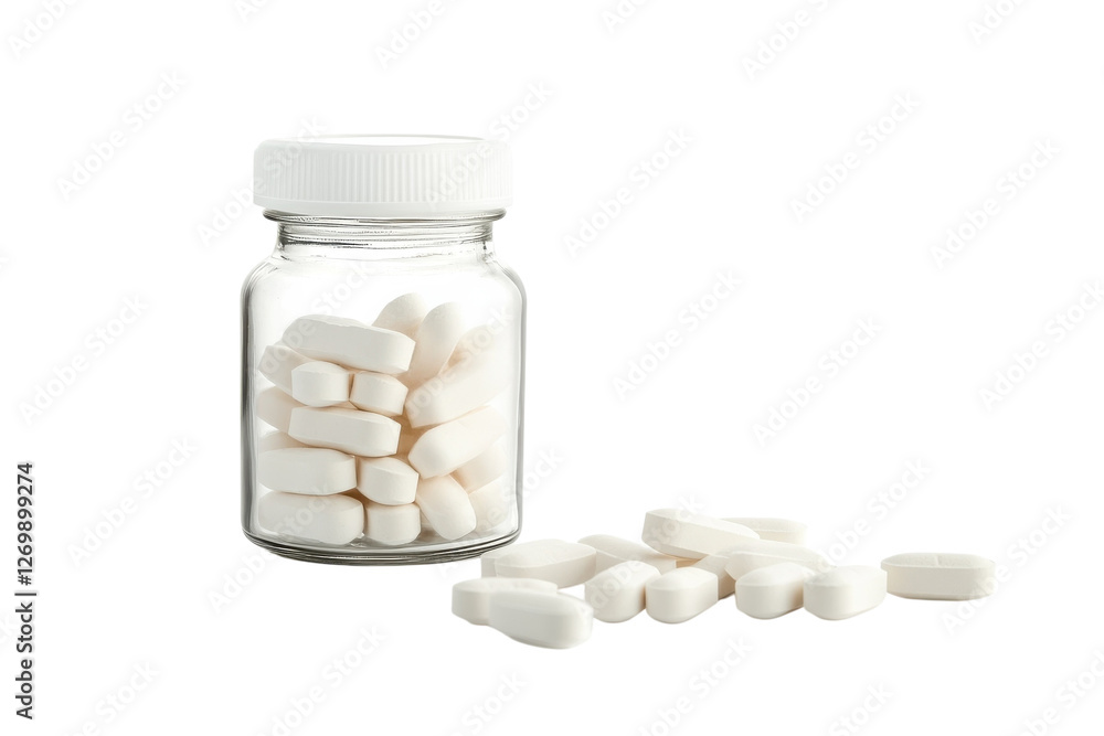 Clear glass jar filled with white tablets on a minimalistic background during a calm afternoon isolated on transparent background Clear glass jar filled with white tablets on a minimalistic background during a calm afternoon isolated on transparent background