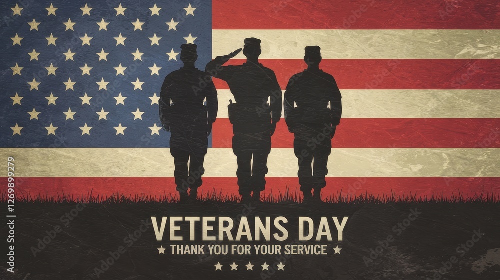 Obraz premium Silhouettes of soldiers stand before an american flag for veterans day