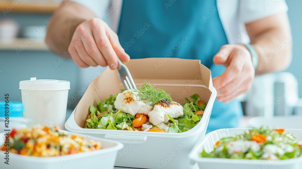 Chef preparing healthy gourmet meal with fresh ingredients in eco-friendly containers for meal delivery service Chef preparing healthy gourmet meal with fresh ingredients in eco-friendly containers for meal delivery service