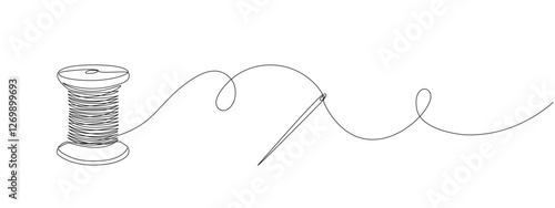 Continuous drawing of one editable line of thread spool and sewing needle.   Sewing accessories icon for needlework and tailor , in simple linear style.  Vector illustration.