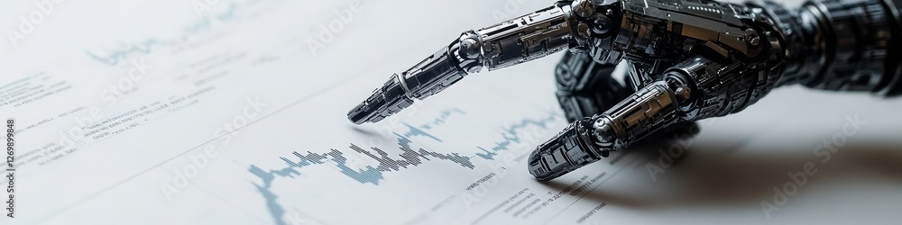 Fototapeta premium Robot Mechanical Hand Pointing at Abstract Graphs, Charts on a LinkedIn Banner with copy space, Background, Sketched, Android Hand, AI Generated