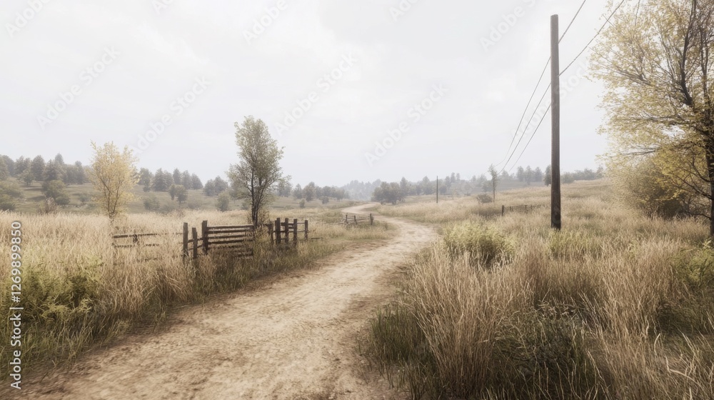 Fototapeta premium Country Road Through Golden Fields on a Cloudy Day. Possible Use Stock photo for nature, travel, or rural scene