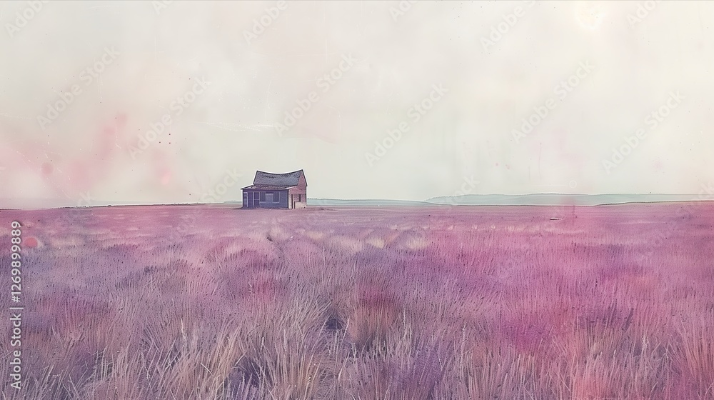 Fototapeta premium A serene landscape featuring a distant house amidst a colorful, dreamy field.