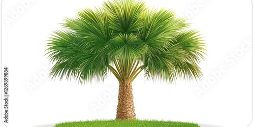 An isolated green palm tree stands on a grassy patch