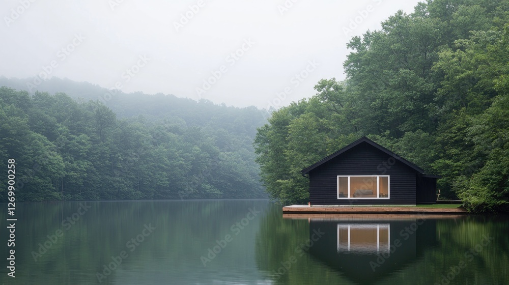 Fototapeta premium Misty Morning Cabin on Lake
