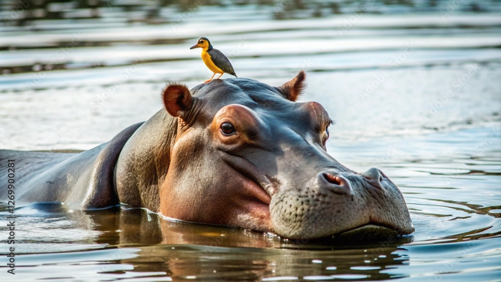 A Hippopotamus in Water with a Bird Perched on Its Head A Hippopotamus in Water with a Bird Perched on Its Head