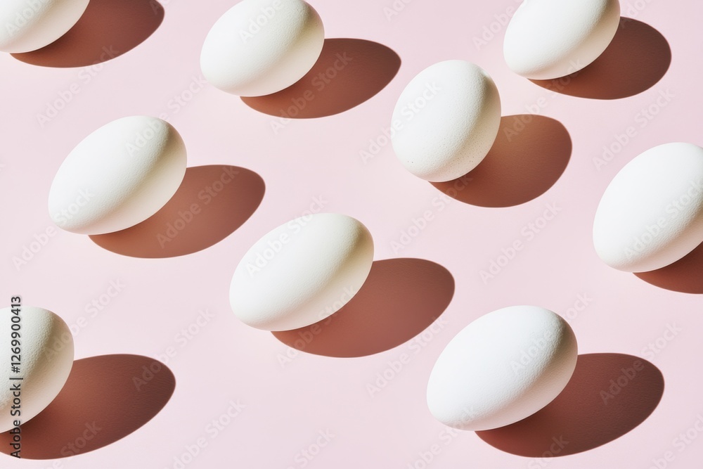 Fototapeta premium Minimalist white eggs pattern on pastel background with artistic shadows