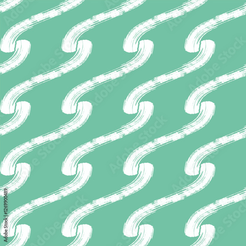 Seamless pattern featuring hand-drawn ink doodles with flowing, curved strokes on a green background, resembling stylized waves. 