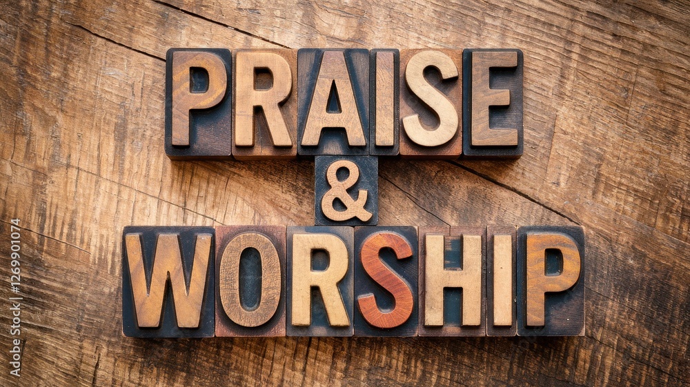 Fototapeta premium Praise and worship is displayed with vintage wooden letter blocks