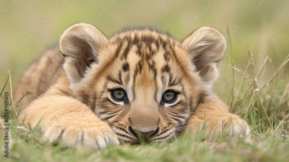 Obraz premium Cute tiger cub resting in grass. Possible use Children's book illustration