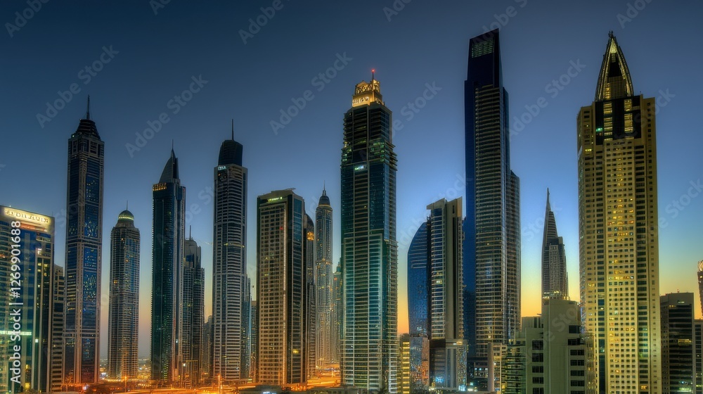 Obraz premium Dubai's Majestic Skyline at Twilight: A Stunning Architectural Panorama