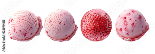 Strawberry ice cream scoops set isolated on transparent background, creamy strawberry ice cream for desserts photo