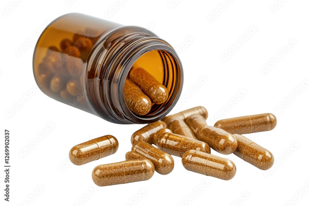 Golden dietary supplements spilling from a brown glass bottle on a clean surface isolated on transparent background