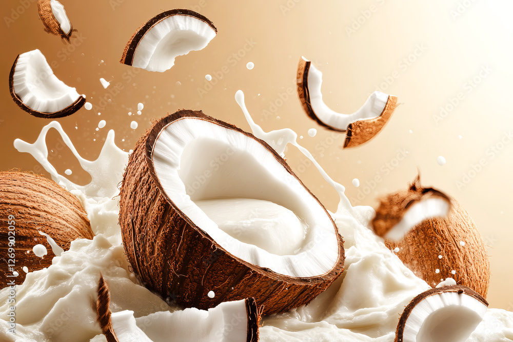 Noix de coco avec éclaboussures de lait de coco Noix de coco avec éclaboussures de lait de coco