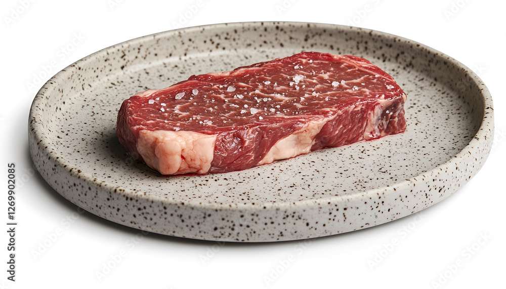Raw marbled beef steak on ceramic plate - fresh gourmet meat for cooking Raw marbled beef steak on ceramic plate - fresh gourmet meat for cooking