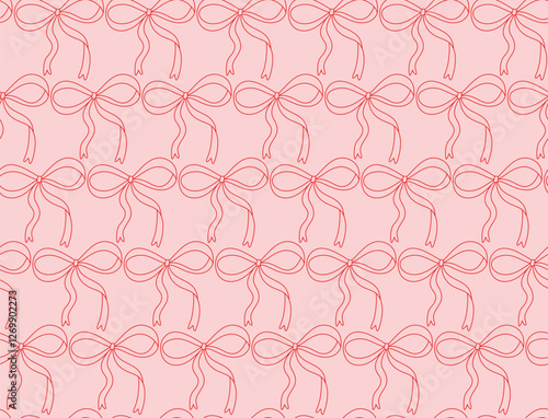 Coquette seamless pattern background with cute bow with long ribbon. Contour line outline hand drawn repeat minimalist red print. over pink backdrop