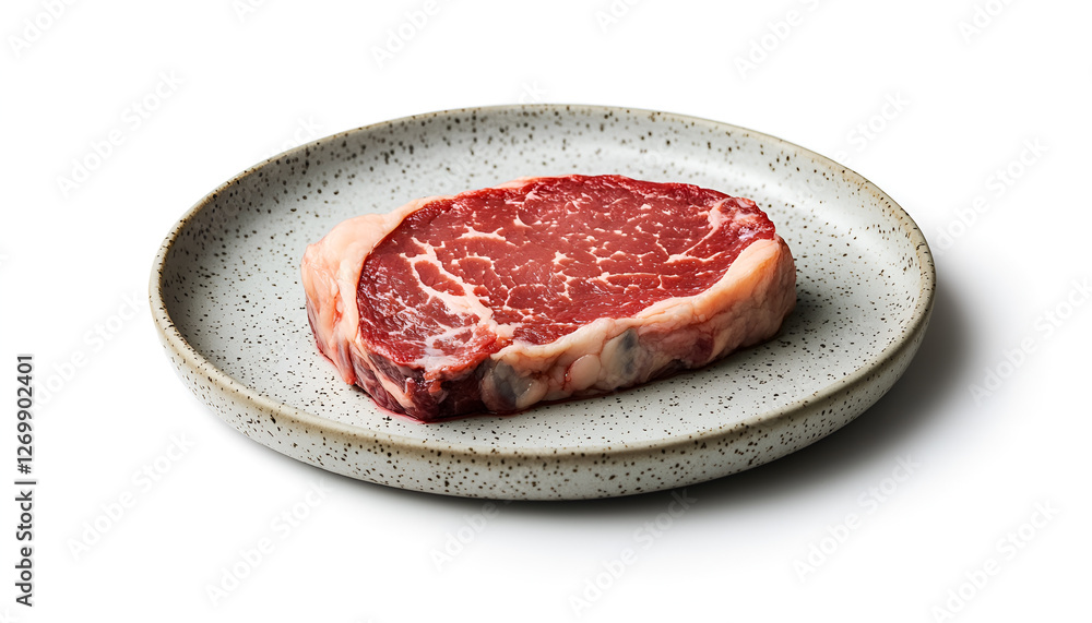 Raw marbled beef steak on ceramic plate - fresh gourmet meat for cooking Raw marbled beef steak on ceramic plate - fresh gourmet meat for cooking