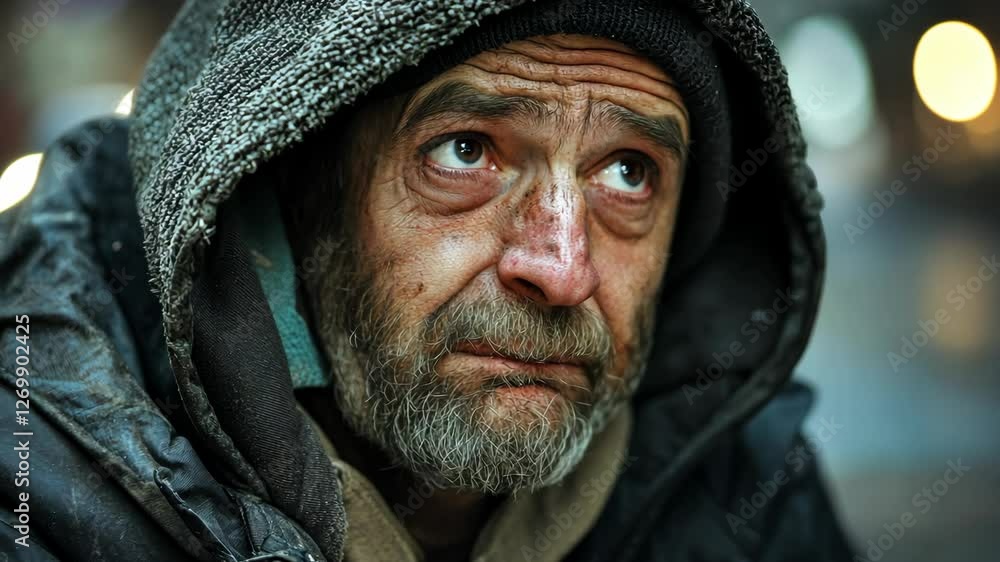 Portrait of a homeless man in an urban setting reflecting on his life experiences in the evening light Portrait of a homeless man in an urban setting reflecting on his life experiences in the evening light