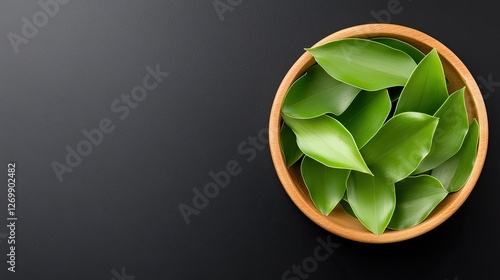 Lush green leaves in a wooden bowl on dark background