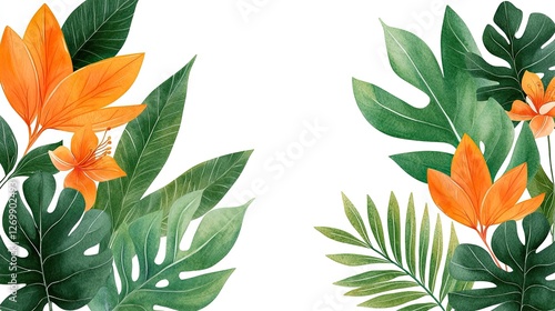 Tropical Orange Flowers and Lush Green Leaves
