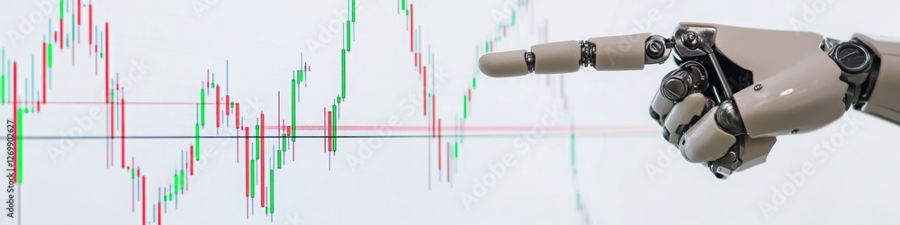 Robot Mechanical Hand Pointing at Abstract Graphs, Charts on a LinkedIn Banner with copy space, Background, Sketched, Android Hand, AI Generated Robot Mechanical Hand Pointing at Abstract Graphs, Charts on a LinkedIn Banner with copy space, Background, Sketched, Android Hand, AI Generated
