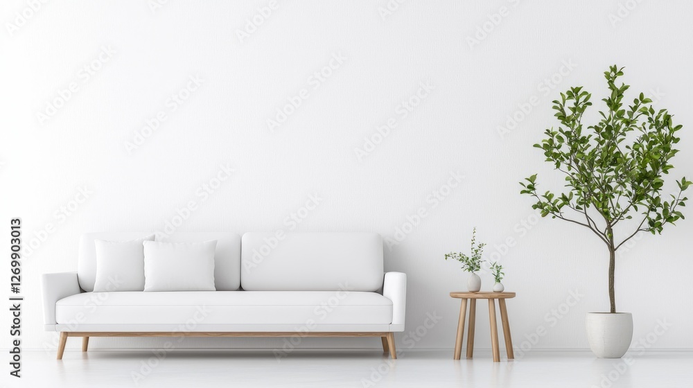 Fototapeta premium Minimalist white sofa stands beside a potted green plant and wooden side table in a bright modern living room background.