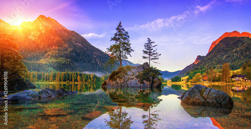 Photography picturesque mountains lake in Alps, Hintersee - popular bavarian place, Europe,