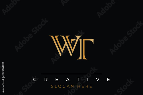 Sophisticated gold WT monogram logo on a sleek black background, ideal for branding, creative design, and luxurious themes.