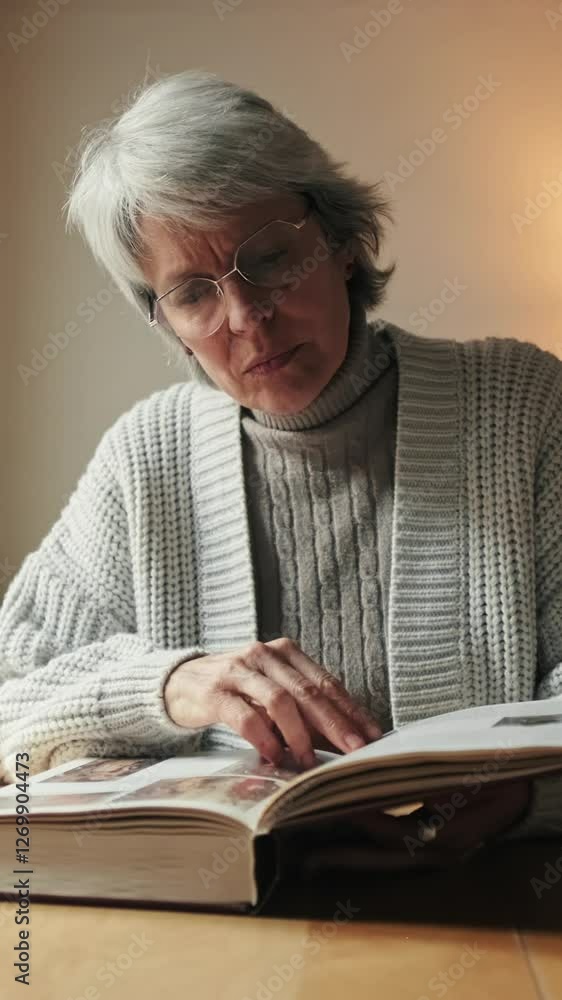 Vertical video, An elderly woman with glasses sits at her dining table, turning pages in a large book. She is wearing glasses and a sweater. Vertical video, An elderly woman with glasses sits at her dining table, turning pages in a large book. She is wearing glasses and a sweater.