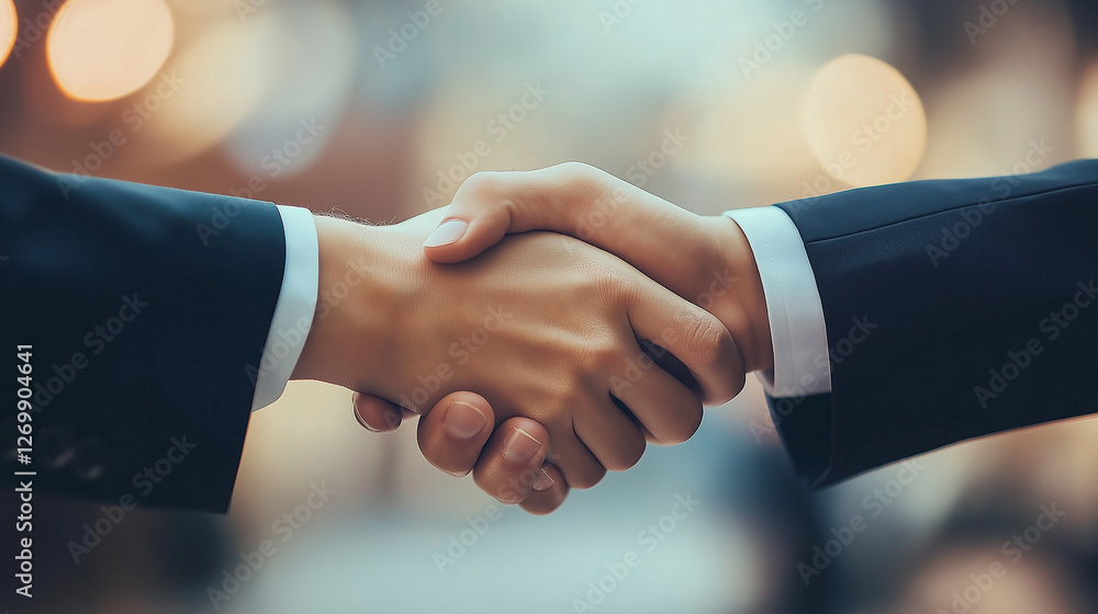 Two businessmen shaking hands to seal a deal in a blurred urban environment Two businessmen shaking hands to seal a deal in a blurred urban environment