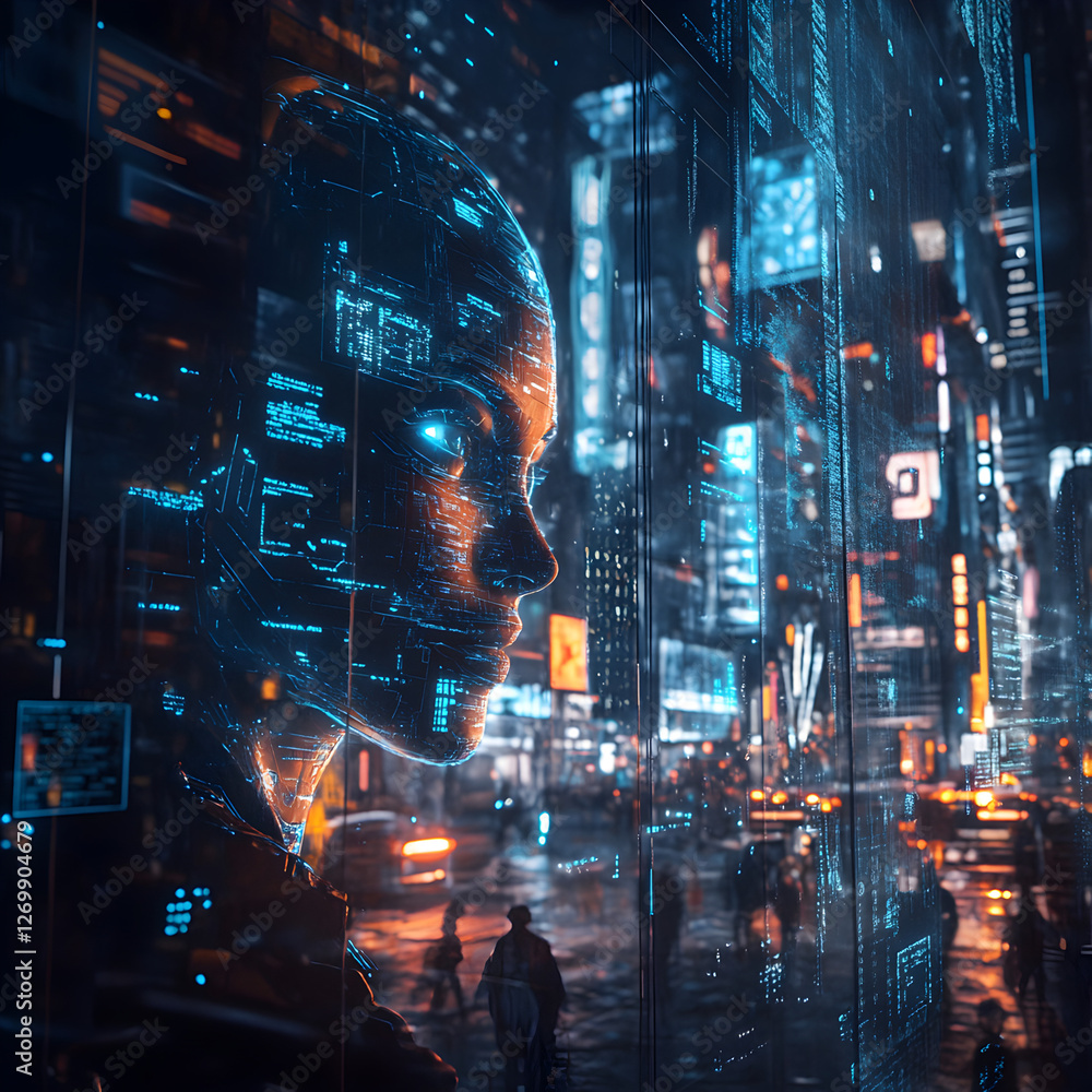 Fototapeta premium Cyberpunk Cityscape: Neon Lights & AI Isolated on Transparent Background