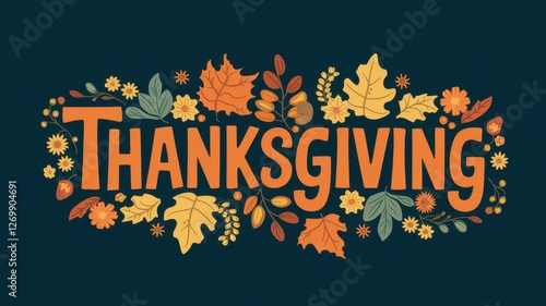 Thanksgiving word art surrounded by autumn foliage illustrations photo