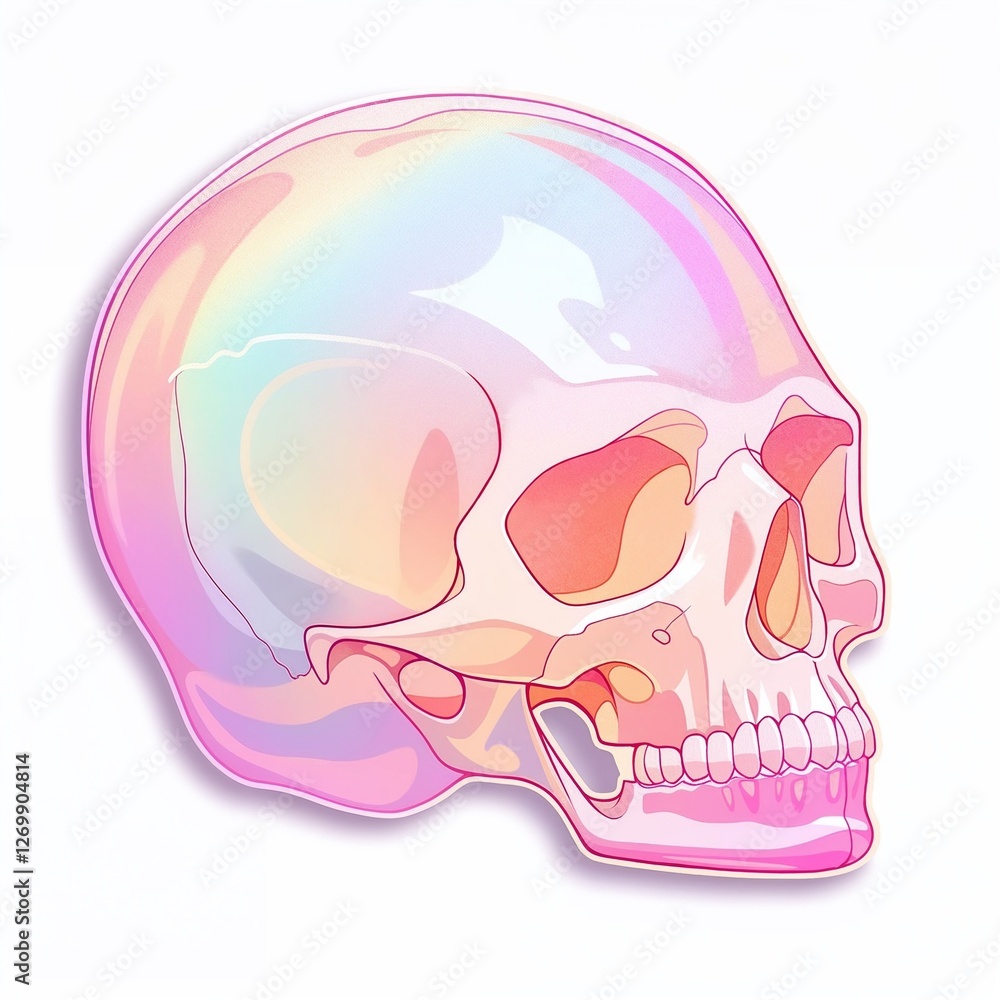 Colorful digital illustration of a shiny skull with a glossy texture and iridescent colors
Colorful digital illustration of a shiny skull with a glossy texture and iridescent colors
