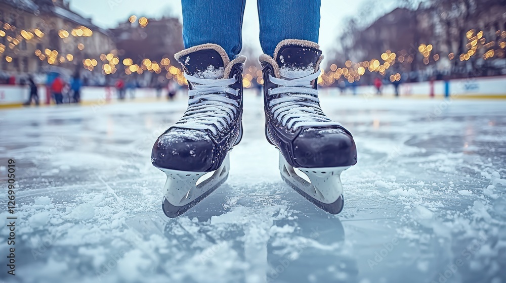 Ice skates on frozen lake, city background, winter fun Ice skates on frozen lake, city background, winter fun