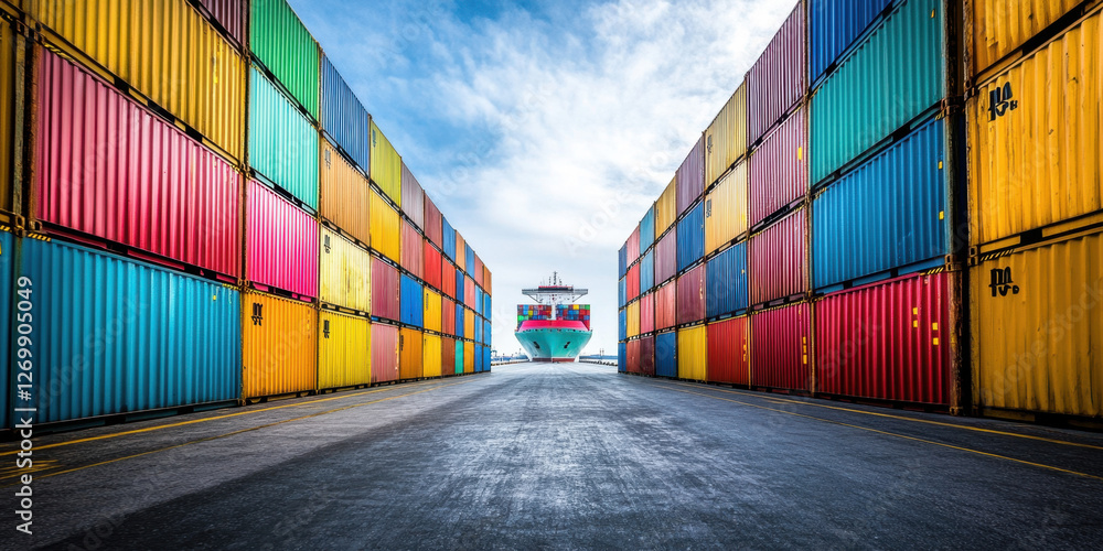Fototapeta premium Colorful shipping containers align on both sides of a harbor pathway, leading towards a large ship under a bright sky