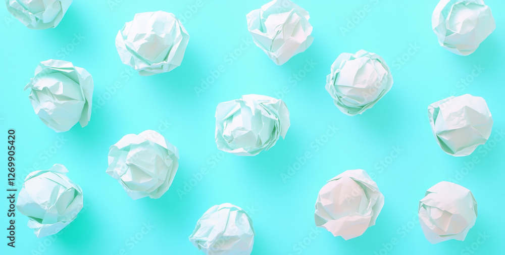Naklejka premium Crumpled white paper balls are randomly arranged on a vibrant turquoise background, creating an artistic flat lay appearance
