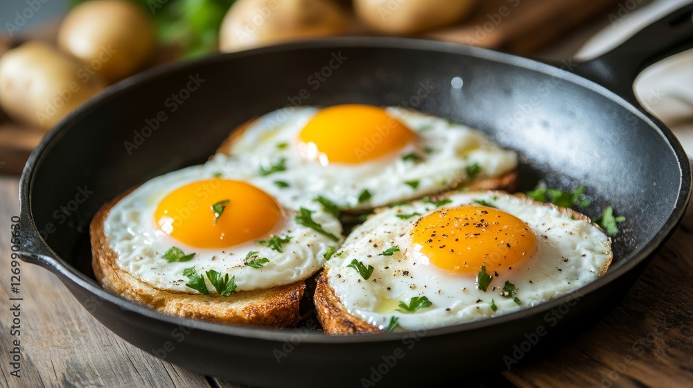 Two fried eggs in a pan with olive oil. Girl's hand holding a frying pan with scrambled eggs. Two fried eggs in a pan with olive oil. Girl's hand holding a frying pan with scrambled eggs.